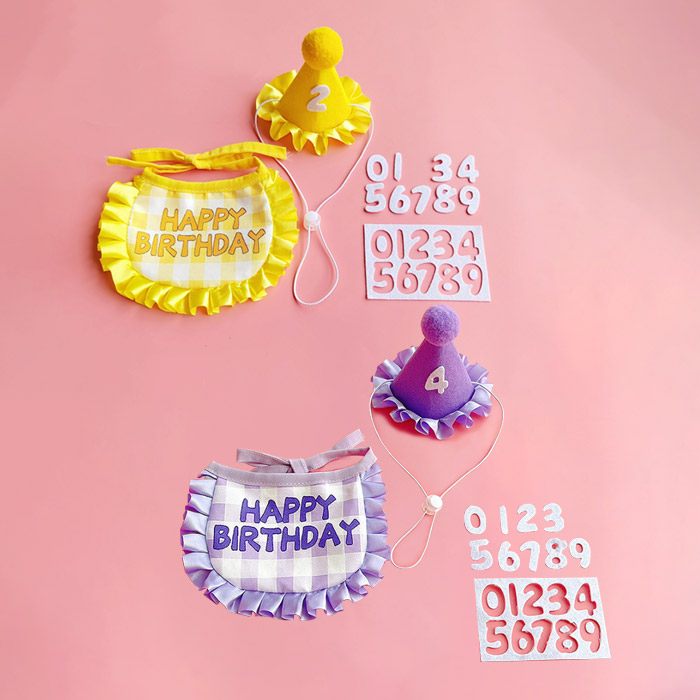 딩동펫 반려동물 체크 레이스 생일파티 케이프 모자세트