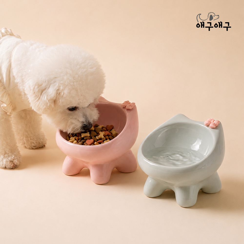 [애구애구] 강아지 고양이 세라믹 도자기 식기 냥리본볼